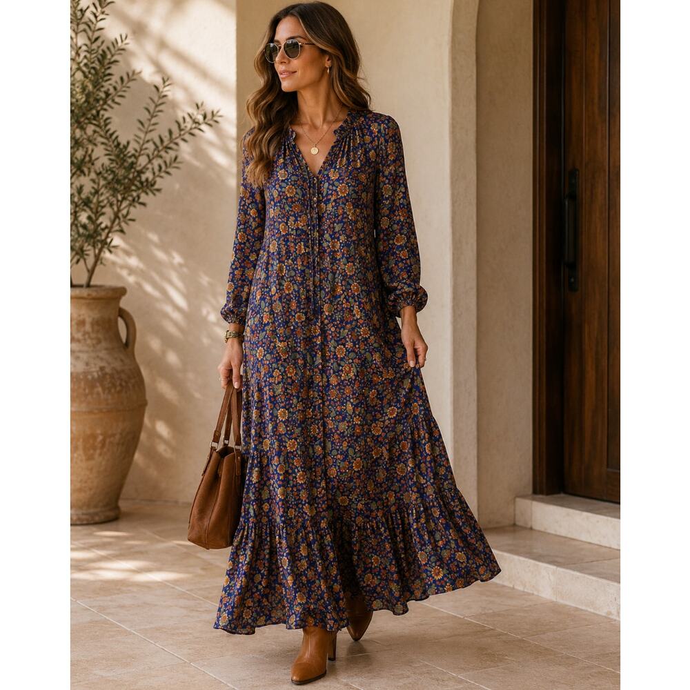 SISSEL EDELBO Upcycled Silk Floral Maxi Dress One Size Recycled Sari $235 {DD46}